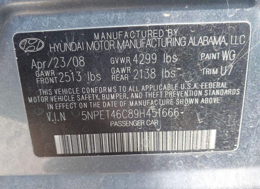 Photo 9 of 2009 Hyundai Sonata GLS (VIN 5NPET46C89H451666)