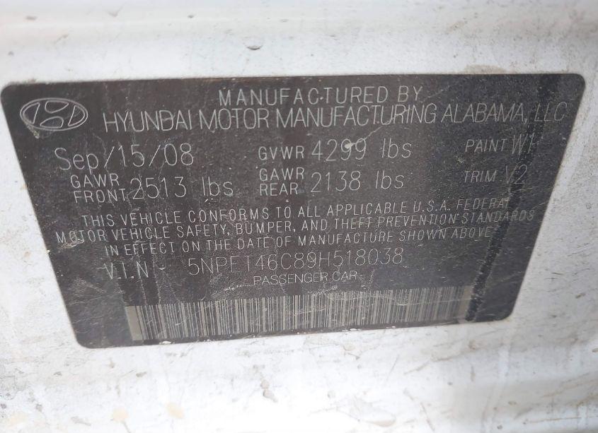 Photo 9 of 2009 Hyundai Sonata GLS (VIN 5NPET46C89H518038)