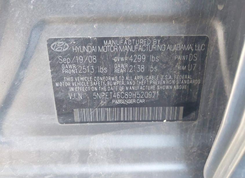 Photo 9 of 2009 Hyundai Sonata GLS (VIN 5NPET46C89H520971)