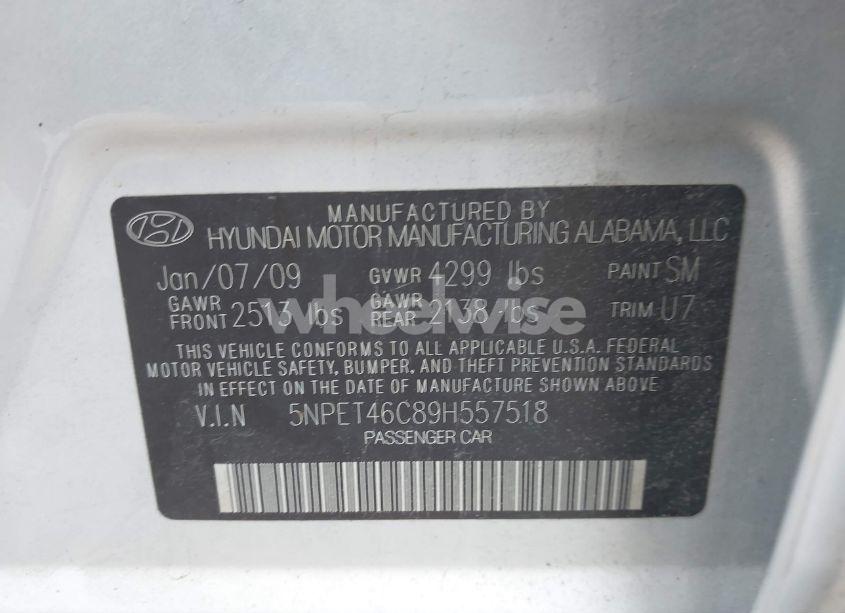 Photo 9 of 2009 Hyundai Sonata GLS (VIN 5NPET46C89H557518)