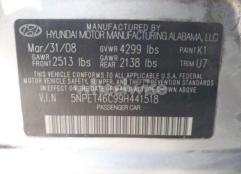 Photo 9 of 2009 Hyundai Sonata GLS (VIN 5NPET46C99H441518)