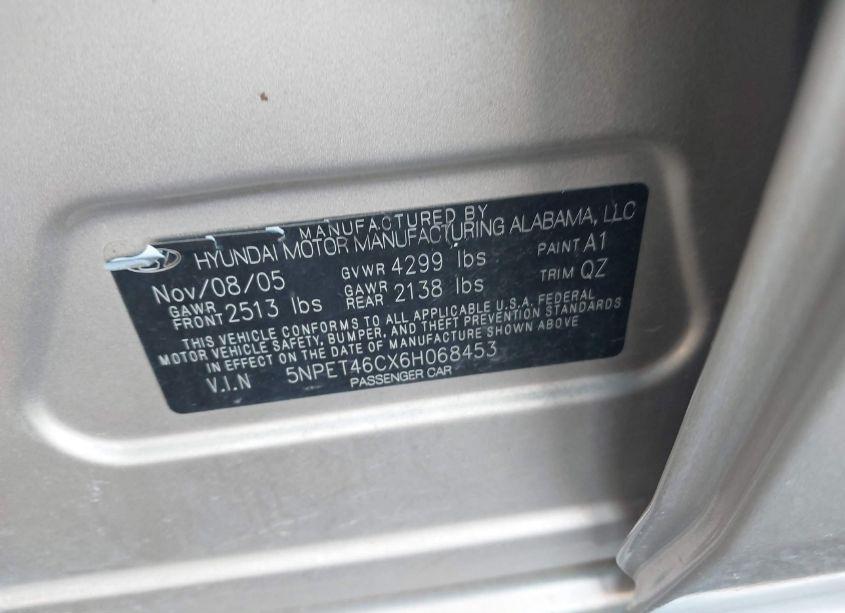 Photo 9 of 2006 Hyundai Sonata GL (VIN 5NPET46CX6H068453)