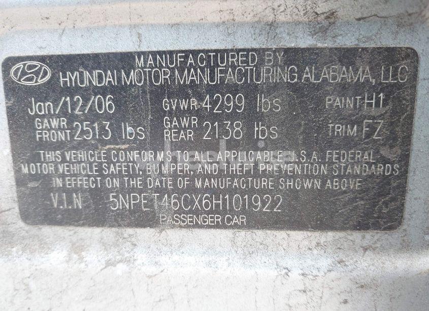 Photo 9 of 2006 Hyundai Sonata GL (VIN 5NPET46CX6H101922)