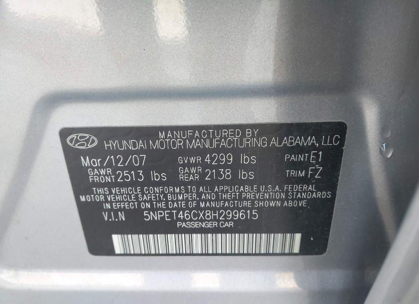 Photo 9 of 2008 Hyundai Sonata GLS (VIN 5NPET46CX8H299615)