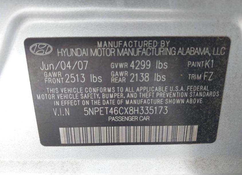 Photo 9 of 2008 Hyundai Sonata GLS (VIN 5NPET46CX8H335173)