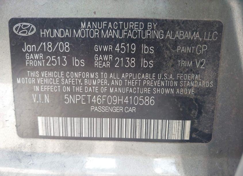 Photo 9 of 2009 Hyundai Sonata GLS V6 (VIN 5NPET46F09H410586)