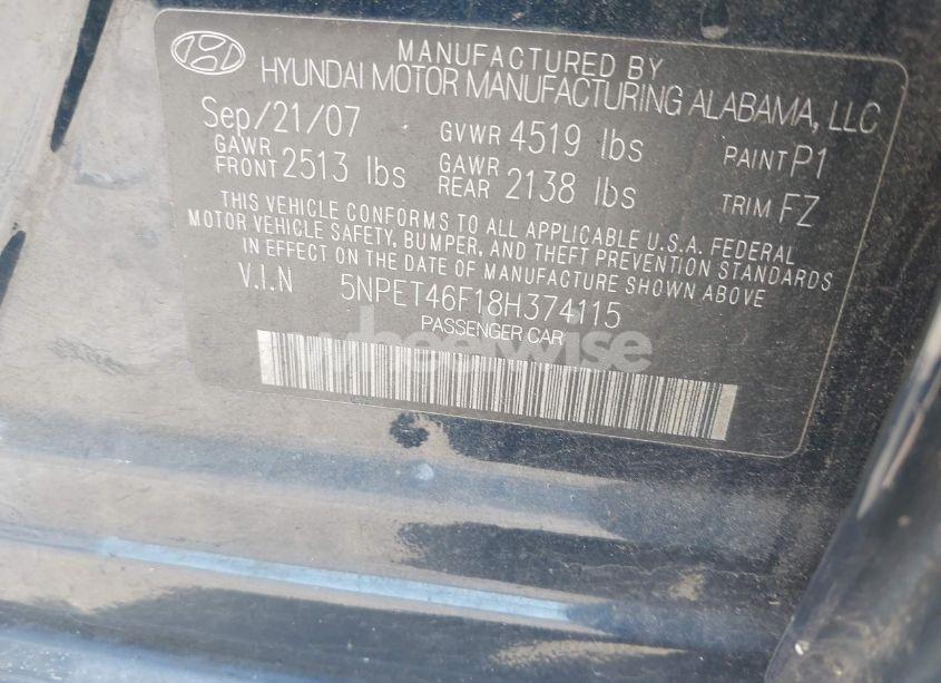 Photo 9 of 2008 Hyundai Sonata GLS V6 (VIN 5NPET46F18H374115)