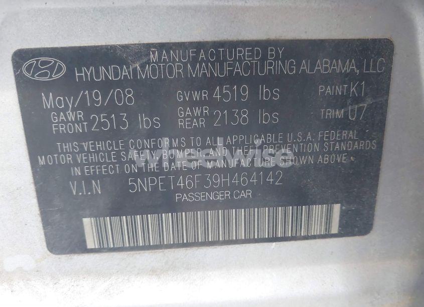 Photo 9 of 2009 Hyundai Sonata GLS V6 (VIN 5NPET46F39H464142)