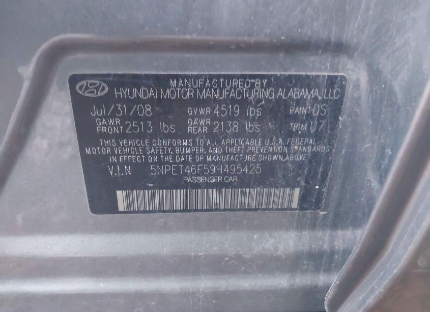 Photo 9 of 2009 Hyundai Sonata GLS (VIN 5NPET46F59H495425)