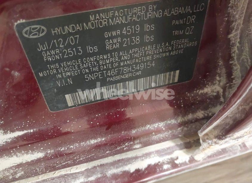 Photo 9 of 2008 Hyundai Sonata GLS V6 (VIN 5NPET46F78H349154)