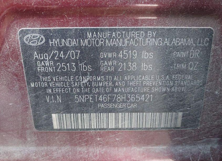 Photo 9 of 2008 Hyundai Sonata GLS V6 (VIN 5NPET46F78H365421)