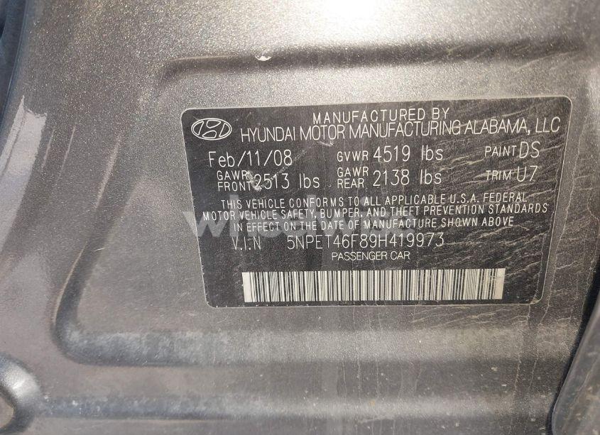 Photo 9 of 2009 Hyundai Sonata GLS V6 (VIN 5NPET46F89H419973)