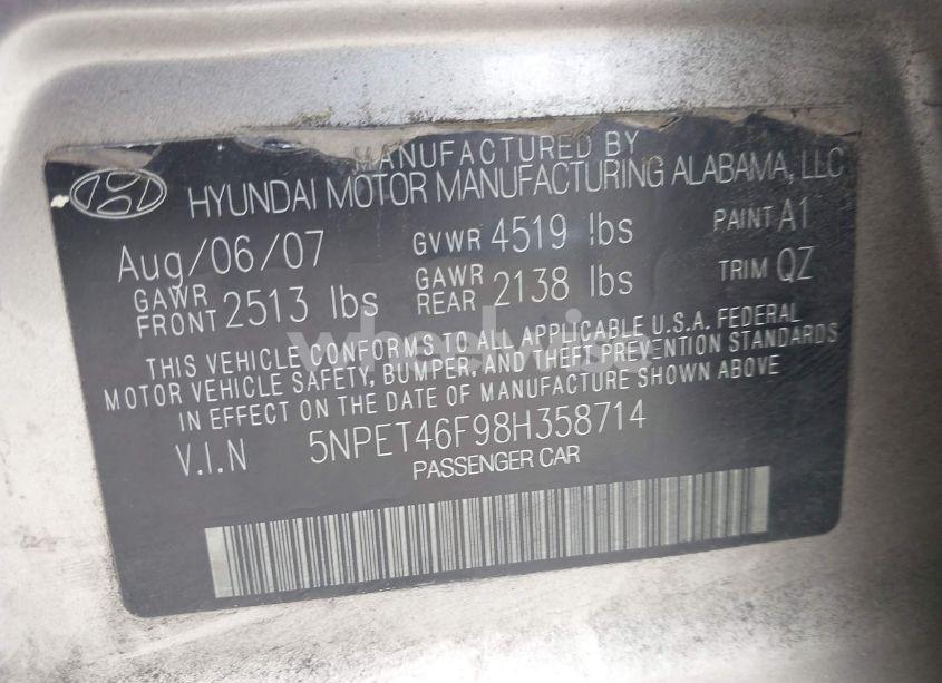 Photo 9 of 2008 Hyundai Sonata GLS V6 (VIN 5NPET46F98H358714)