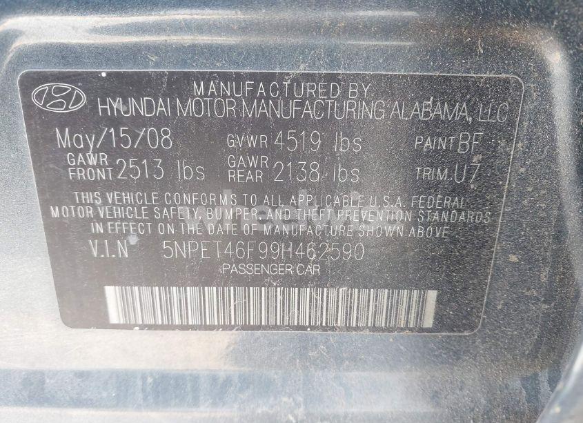 Photo 9 of 2009 Hyundai Sonata GLS V6 (VIN 5NPET46F99H462590)