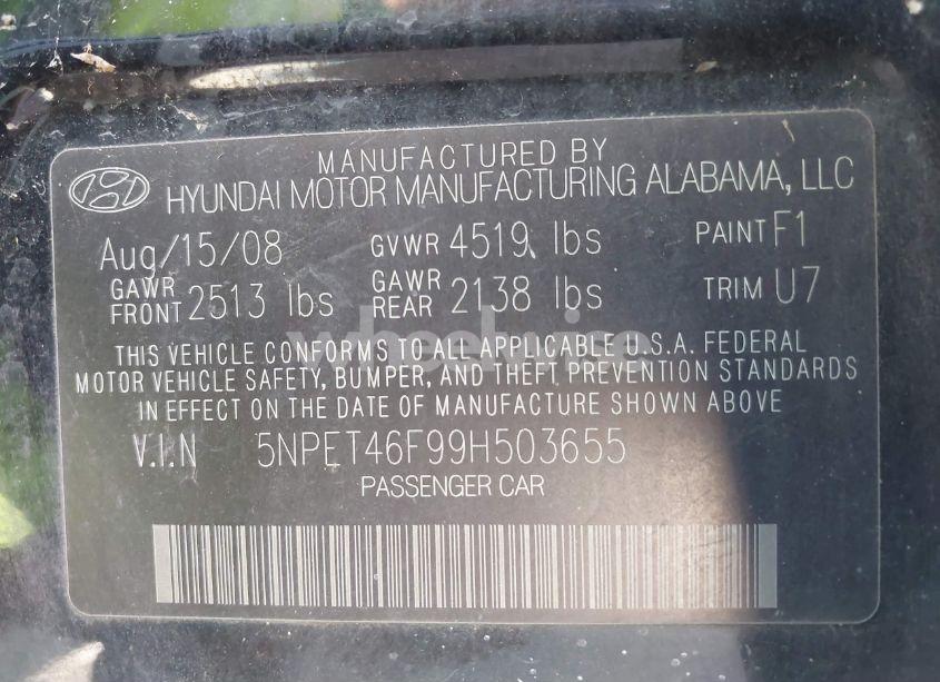 Photo 9 of 2009 Hyundai Sonata GLS V6 (VIN 5NPET46F99H503655)