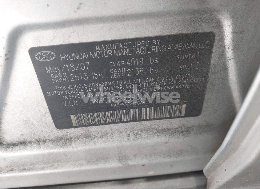 Photo 9 of 2008 Hyundai Sonata GLS V6 (VIN 5NPET46FX8H328167)