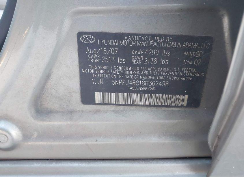 Photo 8 of 2008 Hyundai Sonata LIMITED/SE (VIN 5NPEU46C18H362498)