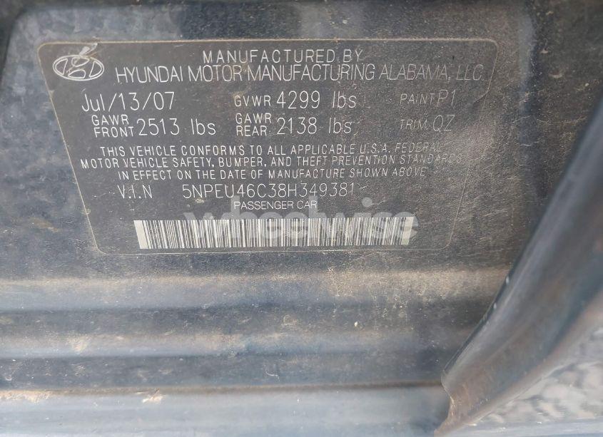 Photo 9 of 2008 Hyundai Sonata LIMITED/SE (VIN 5NPEU46C38H349381)