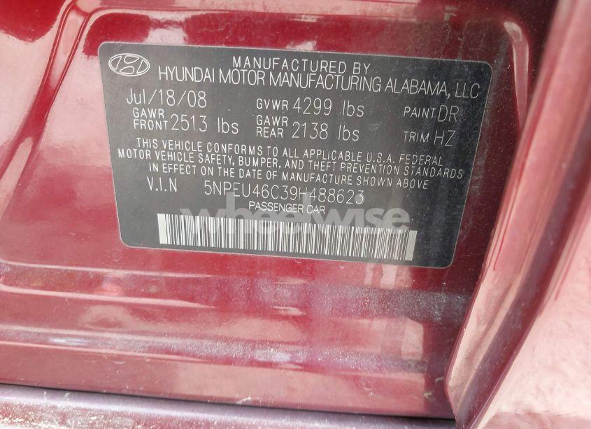 Photo 9 of 2009 Hyundai Sonata SE (VIN 5NPEU46C39H488623)