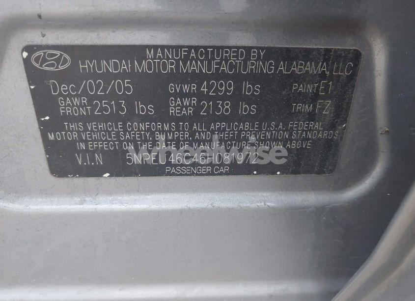 Photo 9 of 2006 Hyundai Sonata GLS (VIN 5NPEU46C46H081972)