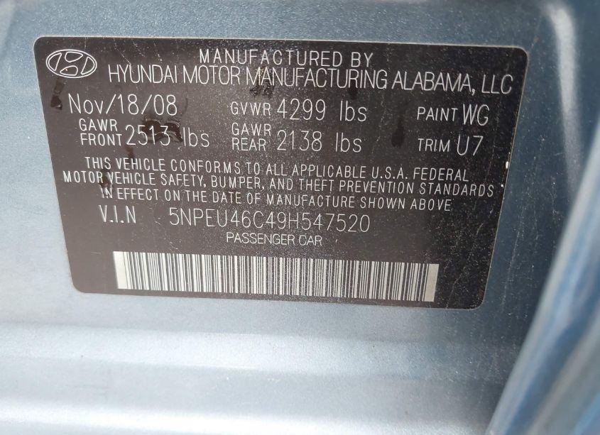 Photo 9 of 2009 Hyundai Sonata LIMITED (VIN 5NPEU46C49H547520)