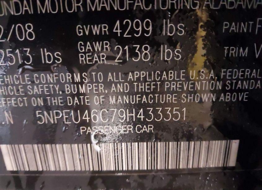 Photo 9 of 2009 Hyundai Sonata LIMITED (VIN 5NPEU46C79H433351)