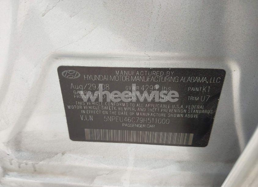 Photo 9 of 2009 Hyundai Sonata SE (VIN 5NPEU46C79H511000)