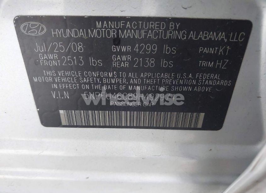 Photo 9 of 2009 Hyundai Sonata LIMITED (VIN 5NPEU46C89H492974)