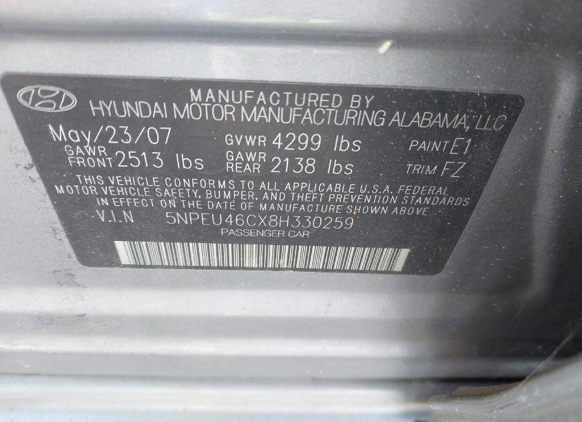 Photo 9 of 2008 Hyundai Sonata LIMITED/SE (VIN 5NPEU46CX8H330259)