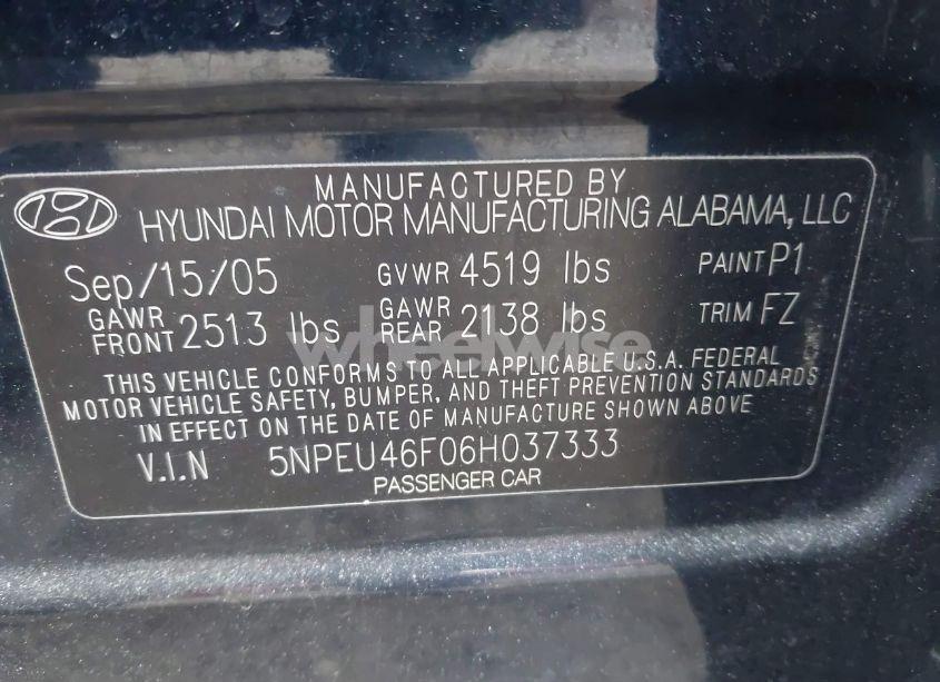 Photo 9 of 2006 Hyundai Sonata GLS V6/LX V6 (VIN 5NPEU46F06H037333)