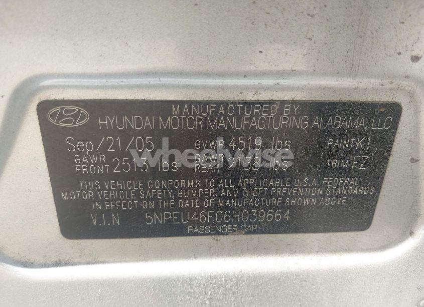 Photo 9 of 2006 Hyundai Sonata GLS V6/LX V6 (VIN 5NPEU46F06H039664)