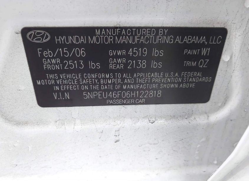 Photo 9 of 2006 Hyundai Sonata GLS V6/LX V6 (VIN 5NPEU46F06H122818)