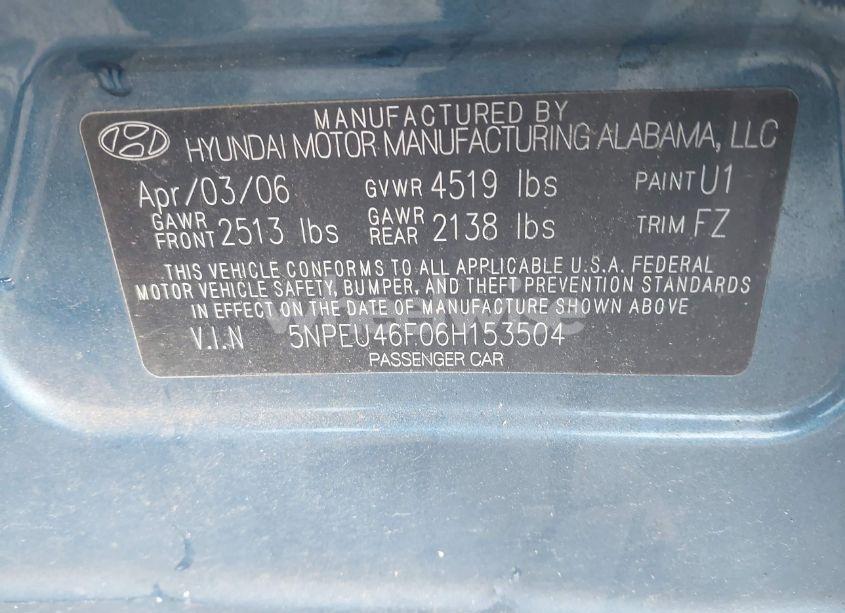 Photo 9 of 2006 Hyundai Sonata GLS V6/LX V6 (VIN 5NPEU46F06H153504)