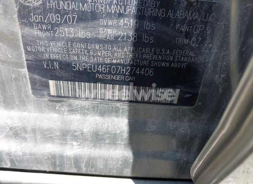 Photo 9 of 2007 Hyundai Sonata LIMITED/SE V6 (VIN 5NPEU46F07H274406)