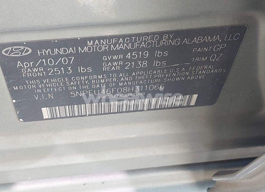 Photo 9 of 2008 Hyundai Sonata LIMITED V6/SE V6 (VIN 5NPEU46F08H311066)