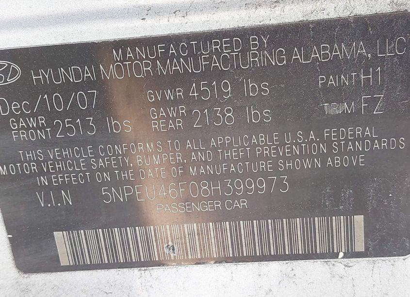 Photo 9 of 2008 Hyundai Sonata LIMITED V6/SE V6 (VIN 5NPEU46F08H399973)