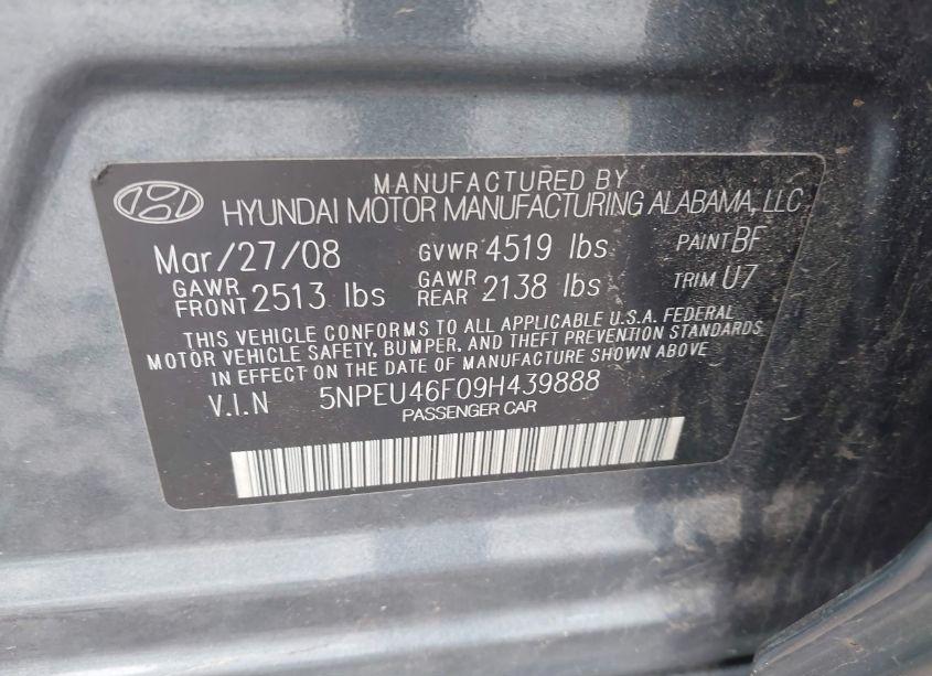 Photo 9 of 2009 Hyundai Sonata SE V6 (VIN 5NPEU46F09H439888)