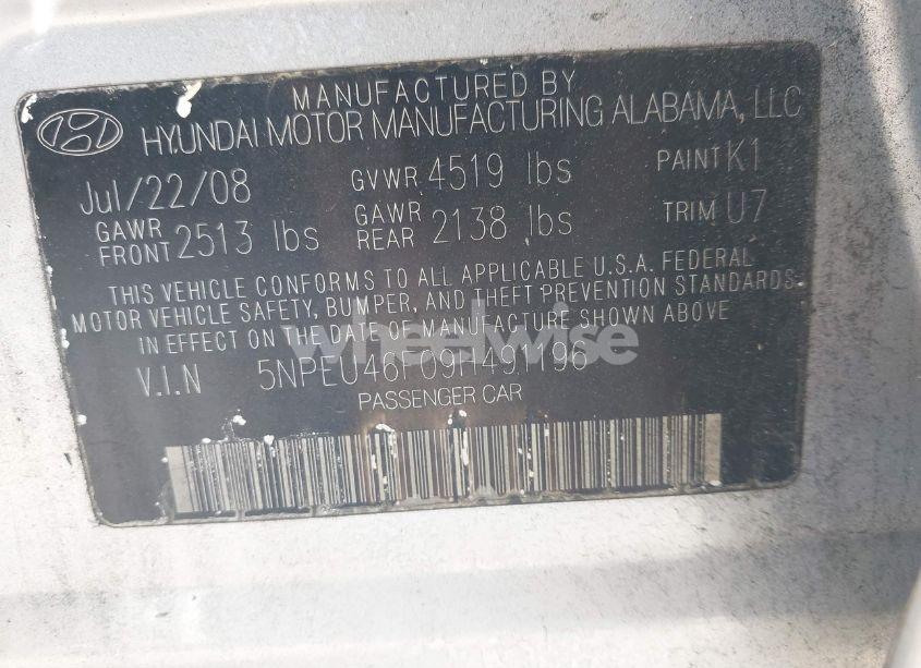 Photo 9 of 2009 Hyundai Sonata SE V6 (VIN 5NPEU46F09H491196)