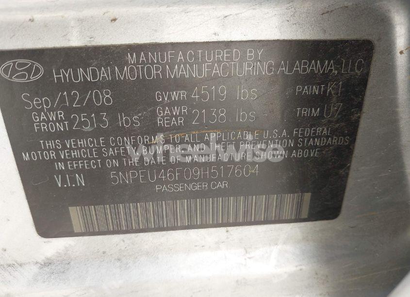 Photo 9 of 2009 Hyundai Sonata LIMITED V6 (VIN 5NPEU46F09H517604)