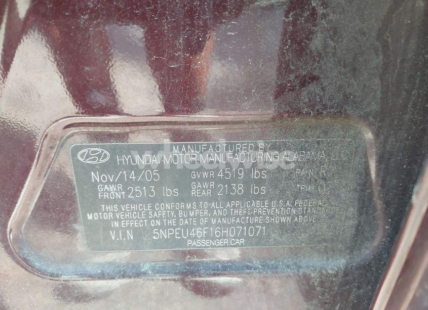 Photo 9 of 2006 Hyundai Sonata GLS V6/LX V6 (VIN 5NPEU46F16H071071)
