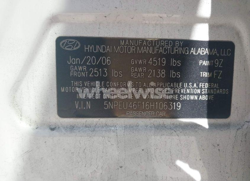Photo 9 of 2006 Hyundai Sonata GLS V6/LX V6 (VIN 5NPEU46F16H106319)