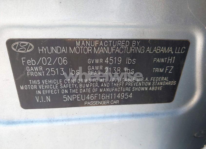 Photo 9 of 2006 Hyundai Sonata GLS V6/LX V6 (VIN 5NPEU46F16H114954)