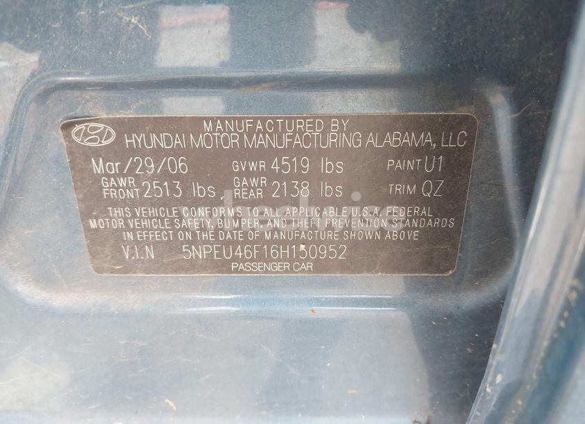 Photo 9 of 2006 Hyundai Sonata GLS V6/LX V6 (VIN 5NPEU46F16H150952)