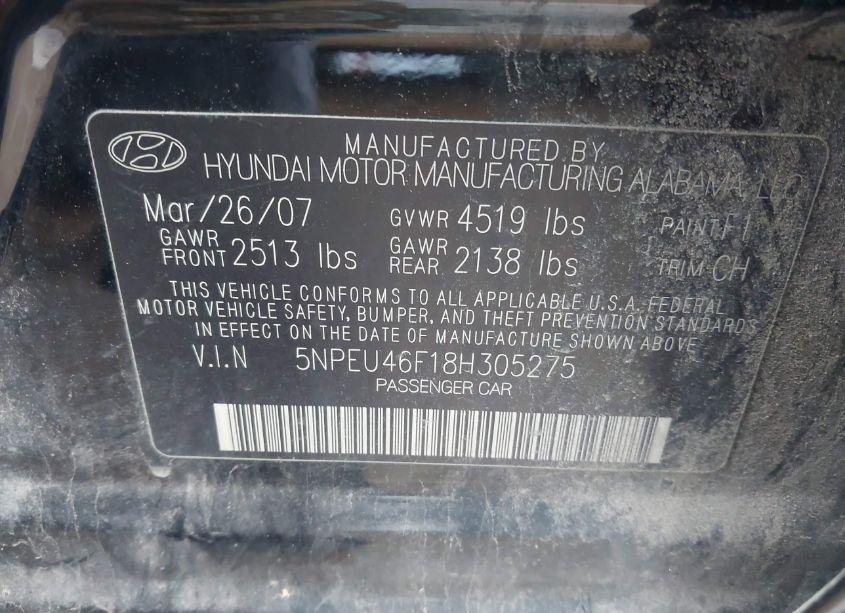 Photo 9 of 2008 Hyundai Sonata LIMITED V6/SE V6 (VIN 5NPEU46F18H305275)