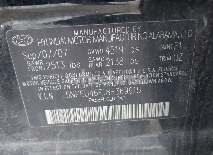 Photo 9 of 2008 Hyundai Sonata LIMITED V6/SE V6 (VIN 5NPEU46F18H369915)