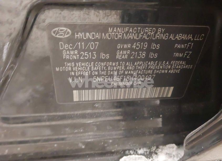 Photo 9 of 2008 Hyundai Sonata LIMITED V6/SE V6 (VIN 5NPEU46F18H400497)
