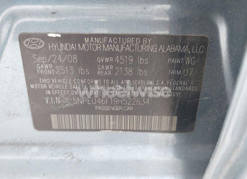 Photo 9 of 2009 Hyundai Sonata LIMITED V6 (VIN 5NPEU46F19H522634)