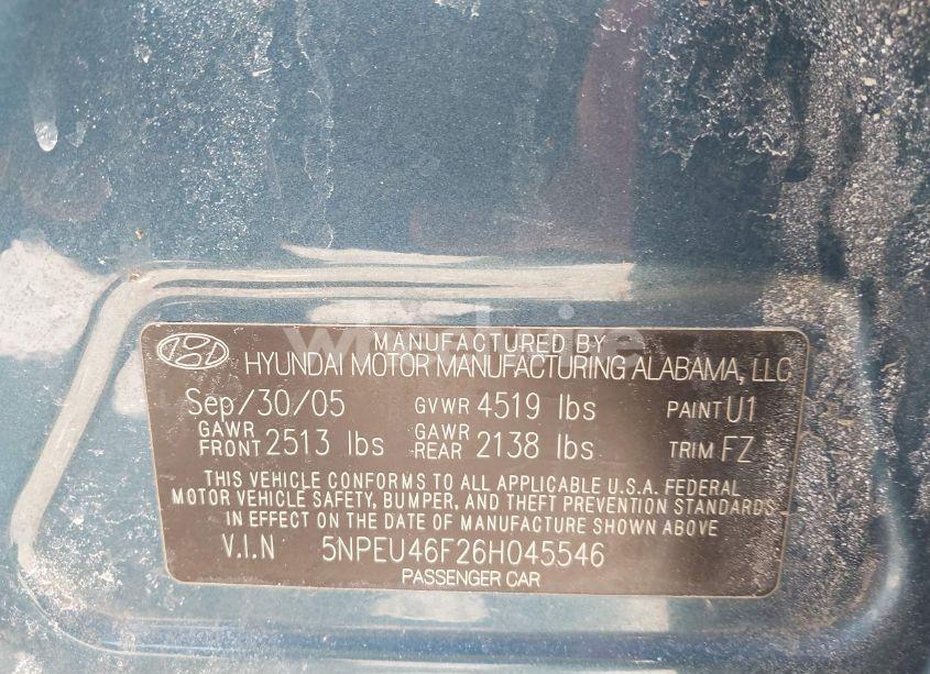 Photo 9 of 2006 Hyundai Sonata GLS V6/LX V6 (VIN 5NPEU46F26H045546)