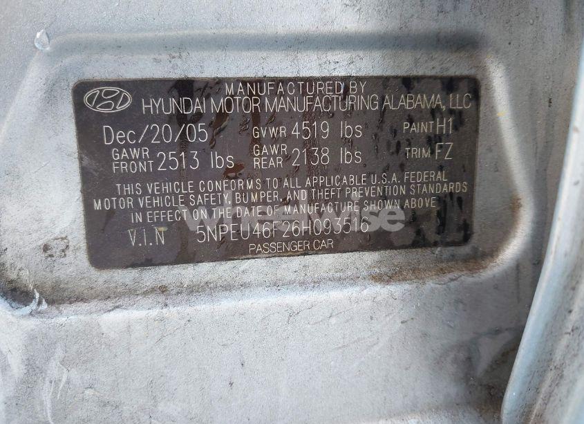 Photo 9 of 2006 Hyundai Sonata GLS V6/LX V6 (VIN 5NPEU46F26H093516)