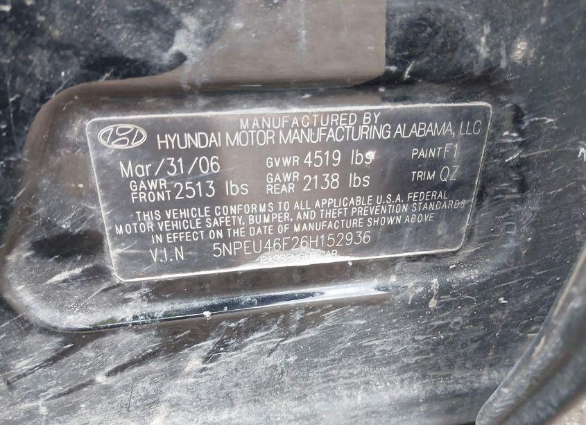 Photo 9 of 2006 Hyundai Sonata GLS V6/LX V6 (VIN 5NPEU46F26H152936)